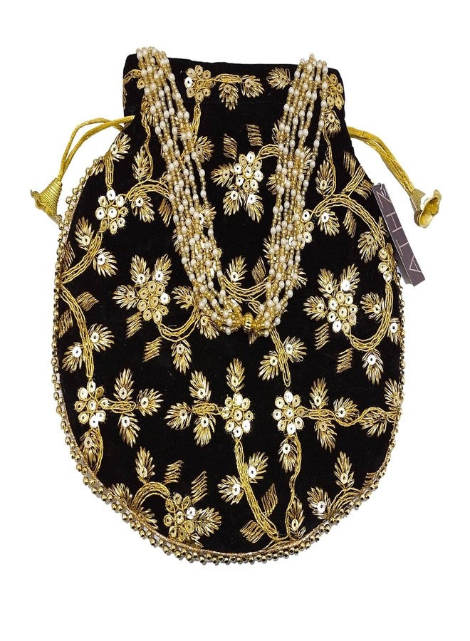 ATHZ Potli Bag Velvet Golden work wedding potli for ladies Gift for women handbags traditional Indian Wristlet with Drawstring Ethnic Embroidery Women Fashion Potli (Gold,Black) - Image 3